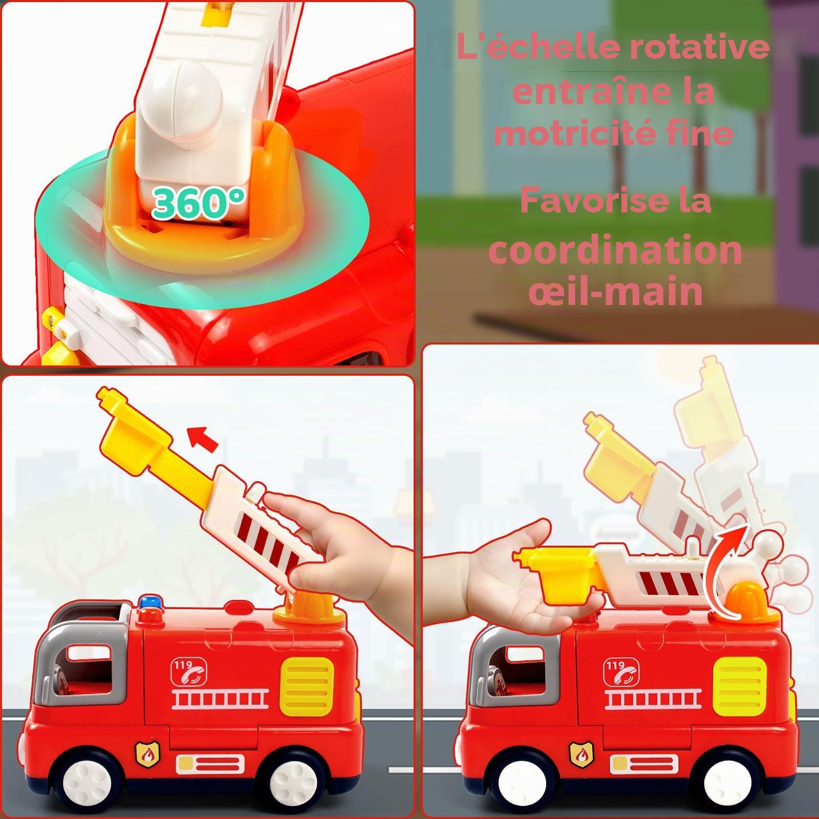 Marstone Camion de Pompier Jouet Enfant 1 2 3 4 Ans Voiture de Pompiers avec Lumières et Sons, Jouet Montessori avec Accessoires et Figurine, Jouet Éducatif Cadeau Garçon Fille, Cadeaux pour Garçons