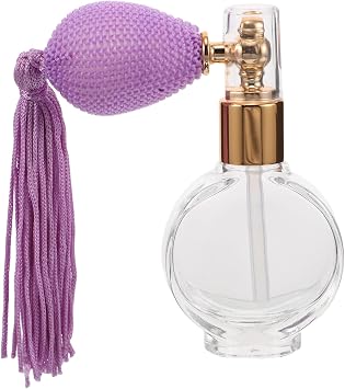 Vintage Powder Spray Bottle Refillable Glass Atomizer Compact Easy to Carry round Flat Shape Stylish Design for Travel Collection with Tassel Sprayer Squeeze Bulb