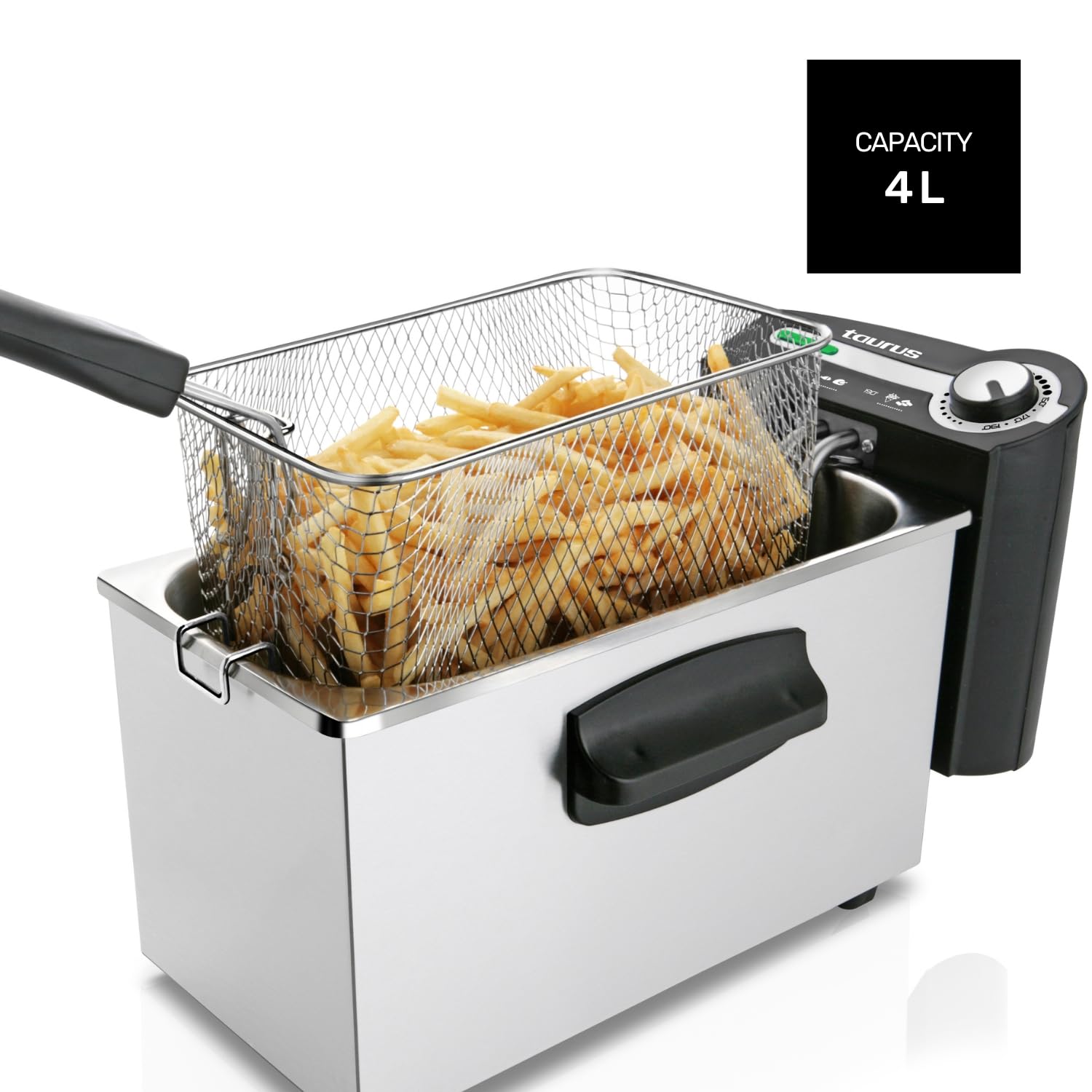 Taurus Professional 4 - Friteuse électrique 2200W, 4L, Position égouttage huile, pour 5 à 6 portions, Température réglable, Inox, Noir