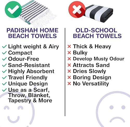 Miniatura 7 de Toalla de playa turca de gran tamaño, 38 x 71 pulgadas, 100% algodón turco, sin arena, de secado rápido, extra grande, a rayas, de cabaña, toalla