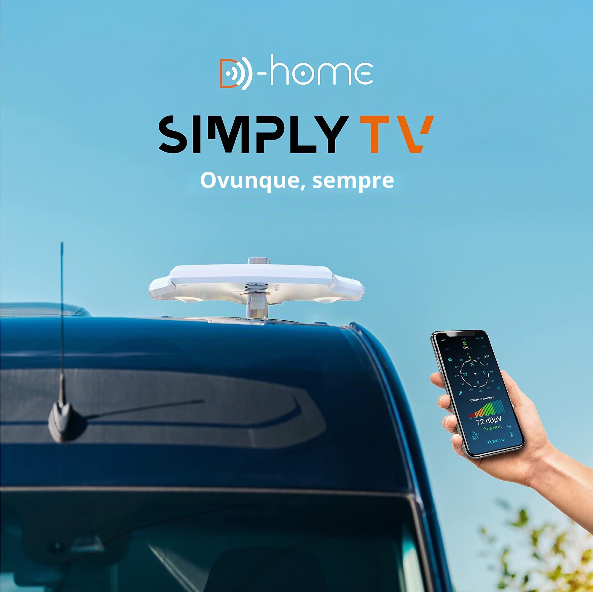 D-Home - Explorer Connect - Antenna TV collegata per Caravana, con amplificatore. Antenna TV Pilotabile con App Mobile per una ricezione ottimale. Installazione facile/chiavi in mano