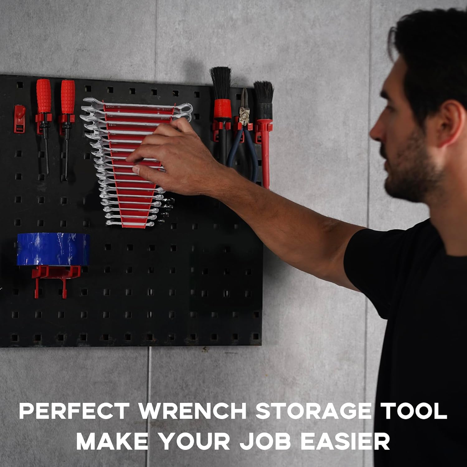 Reniteco Plastic Wrench Organizer, Premium High-density Wrench Holder, Large Wrench Racks for Wall and Tool Box, 64 Slots Fit SAE&Metric Wrenches Tray(4Red)