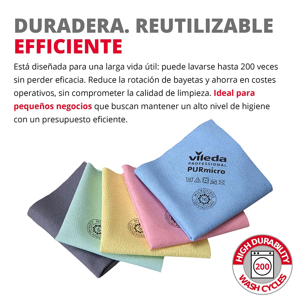 Vileda Professional, Bayeta PurMicro Active, Multicolor, Microfibra, Recubrimiento Pur, Superficies Lisas, INOX y Vidrio, Alta absorción, Secado sin rastros, 38x35cm - 4