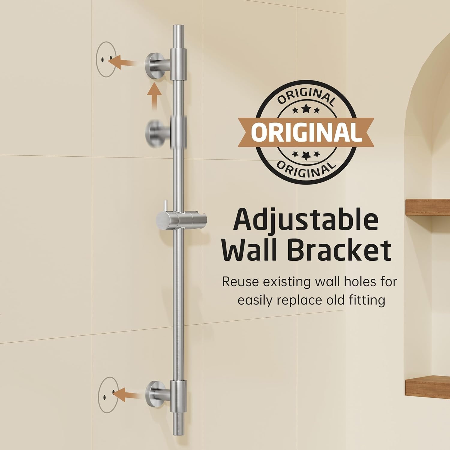 kes 30-inch shower slide bar with adjustable handheld shower head holder, reuse existing holes, sus304 brushed stainless steel wall mount for bathroom, drilling required, f209s78-bs 30.7-inch+drill mounted brushed finish