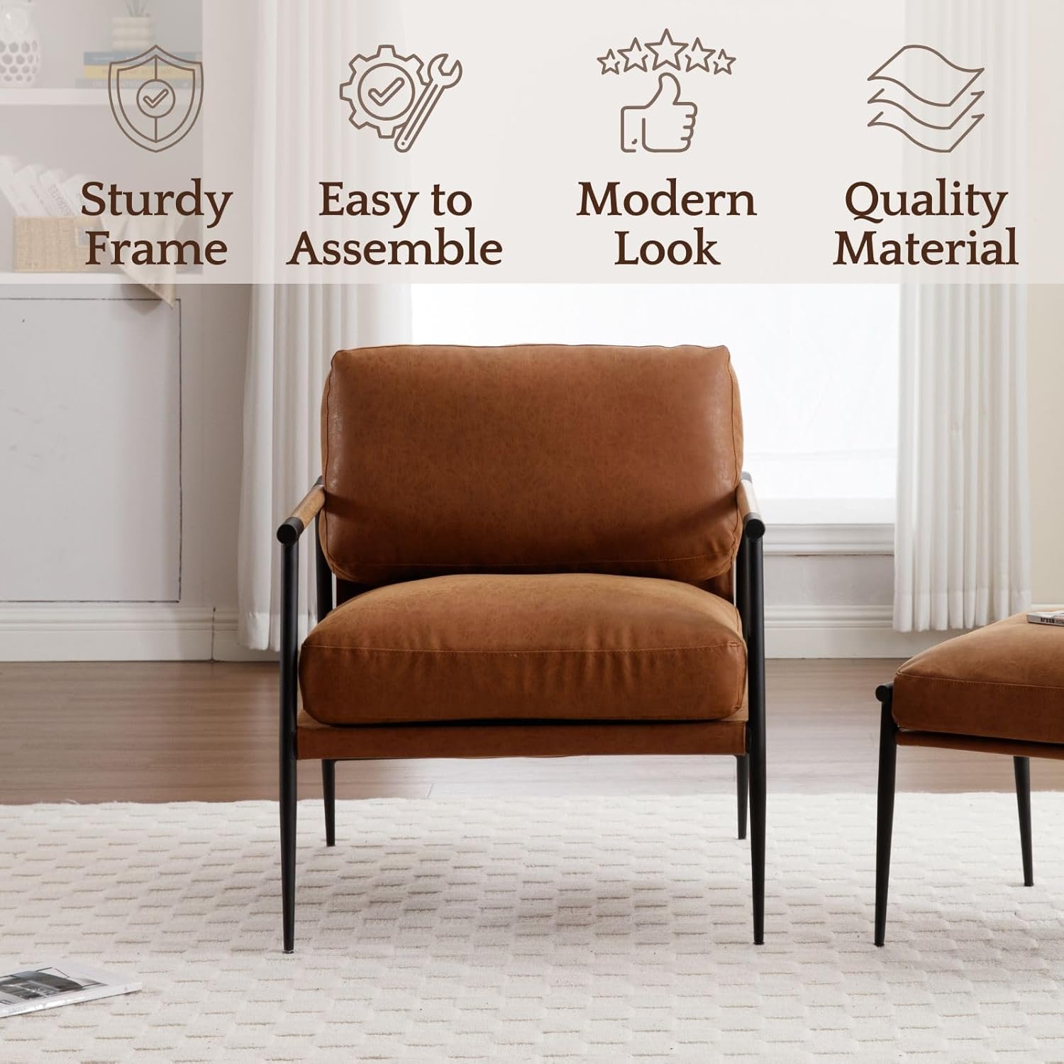 LukeAlon PU Leather Accent Chairs Set of 2 Brown Lounge Chairs with Metal Legs Modern Armchairs Upholstered Mid-Century Comfy Leisure Chair for Bedroom Living Room Reception Area