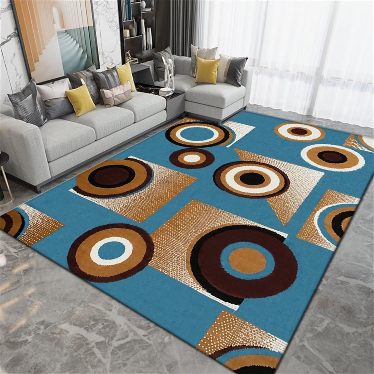 Tapis chat bleu de salon rond et antidérapant avec motif géométrique moderne