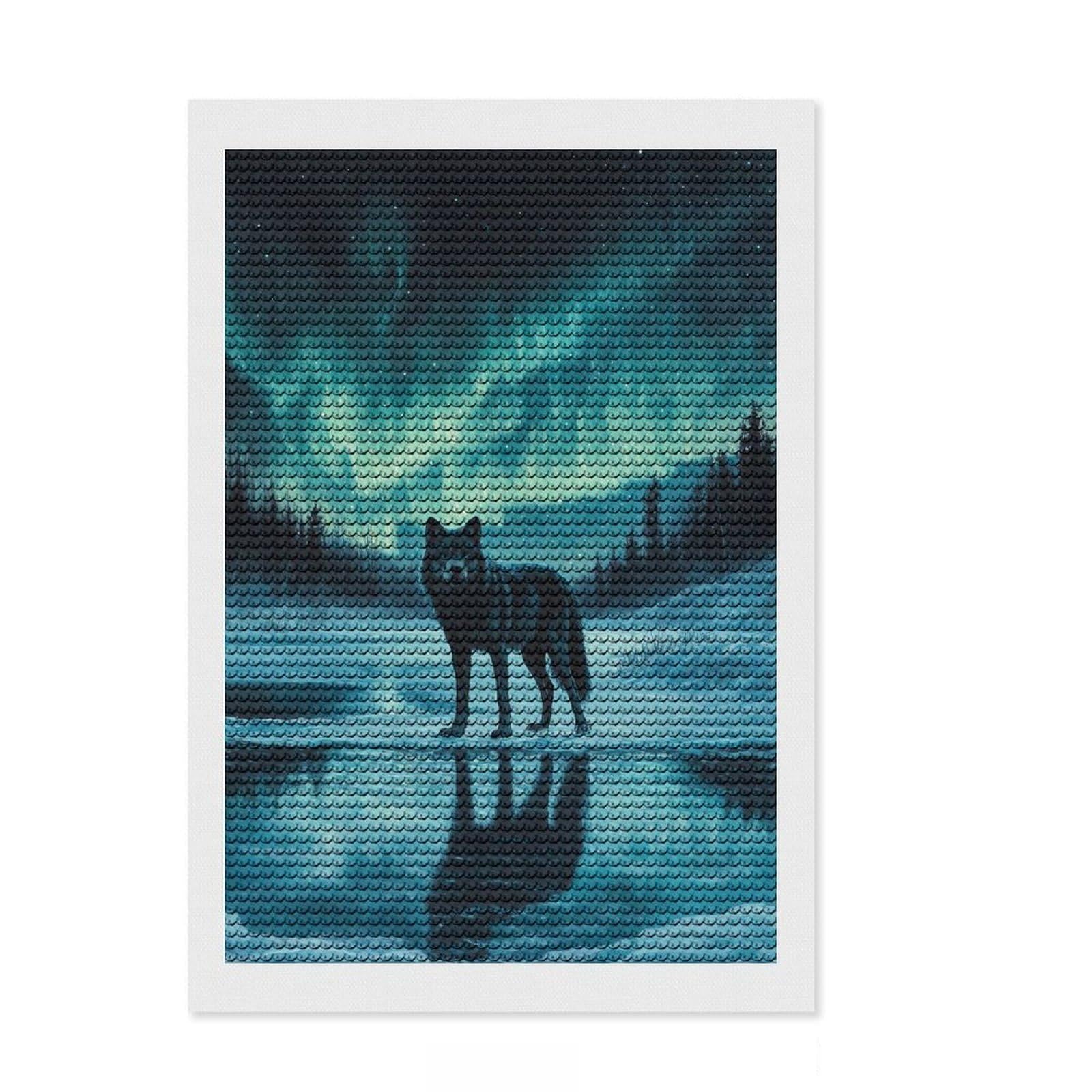 Junmoney Wolf Under Aurora Borealis Diamond Art Canvas 8"x12", Full Kit Included, Finish and Display, Home Wall Decor, for Creative Relaxation