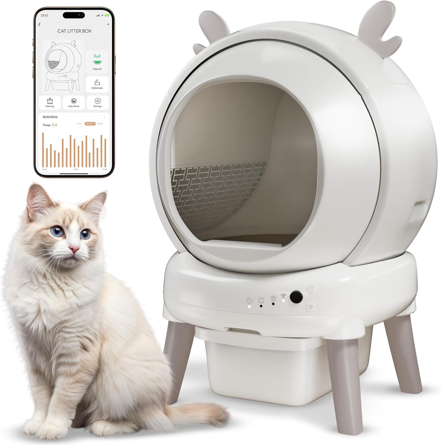 Self Cleaning Litter Box, Automatic Litter Box with Odor Control for Multiple Cats, Cute Ear Shaped Design, Large Capacity with Smart Real-Time App Monitor and Safety Sensors