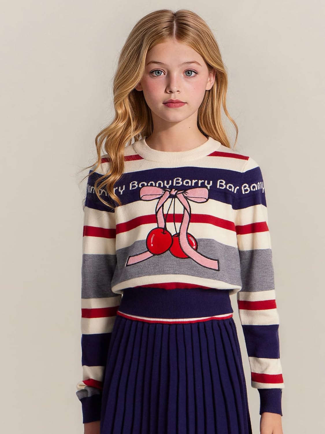 Girl Pullover Sweaters Winter Knit Clothing Cherry Embroidery Pattern Striped Crewneck Top Kid Clothes - Image 3