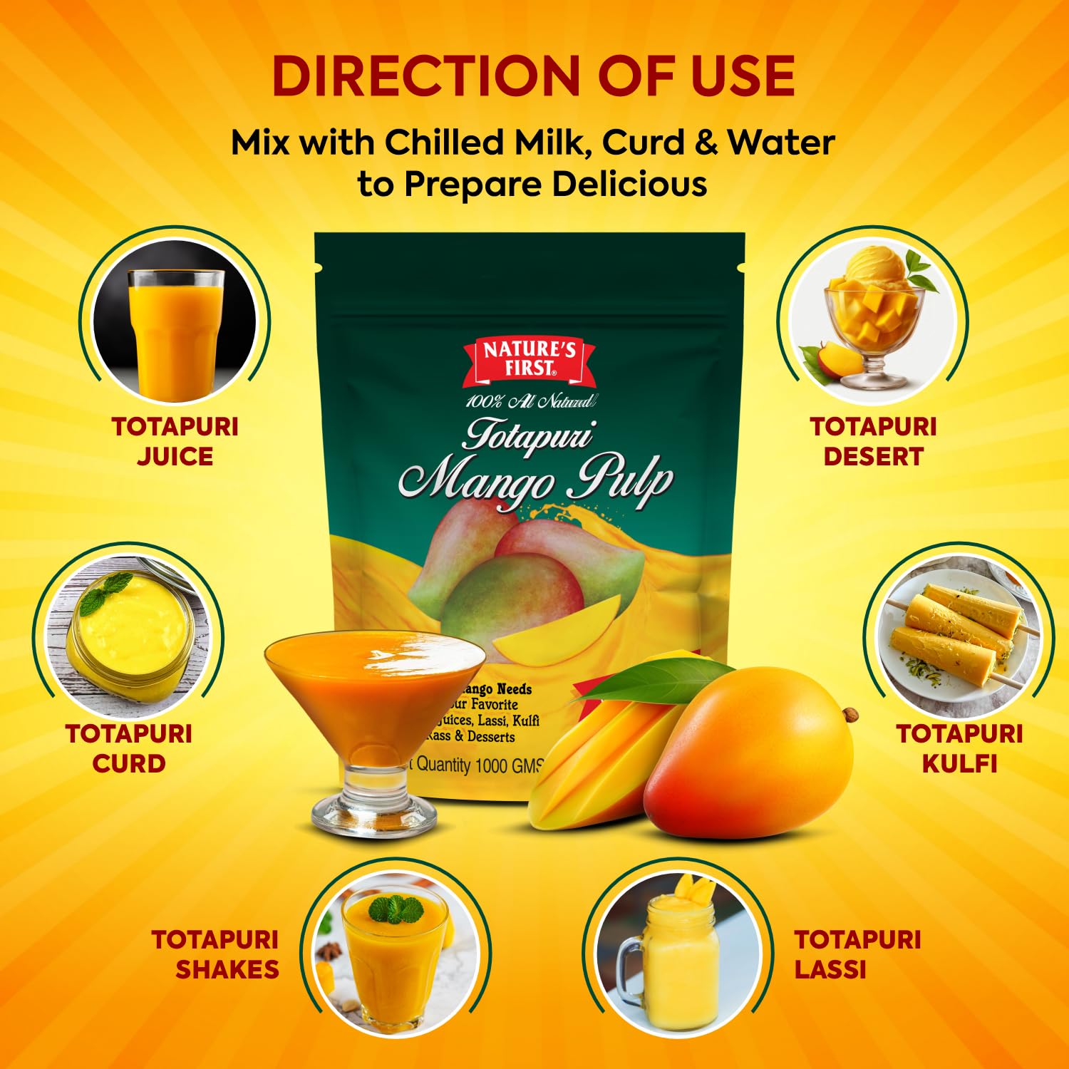 Nature's First Totapuri Mango Pulp 1 Kg pouch, With Pure Mango Goodness, Natural Sweet Flavor for Dessert, Shakes, Lassi, Smoothies, Fruit Juice 3