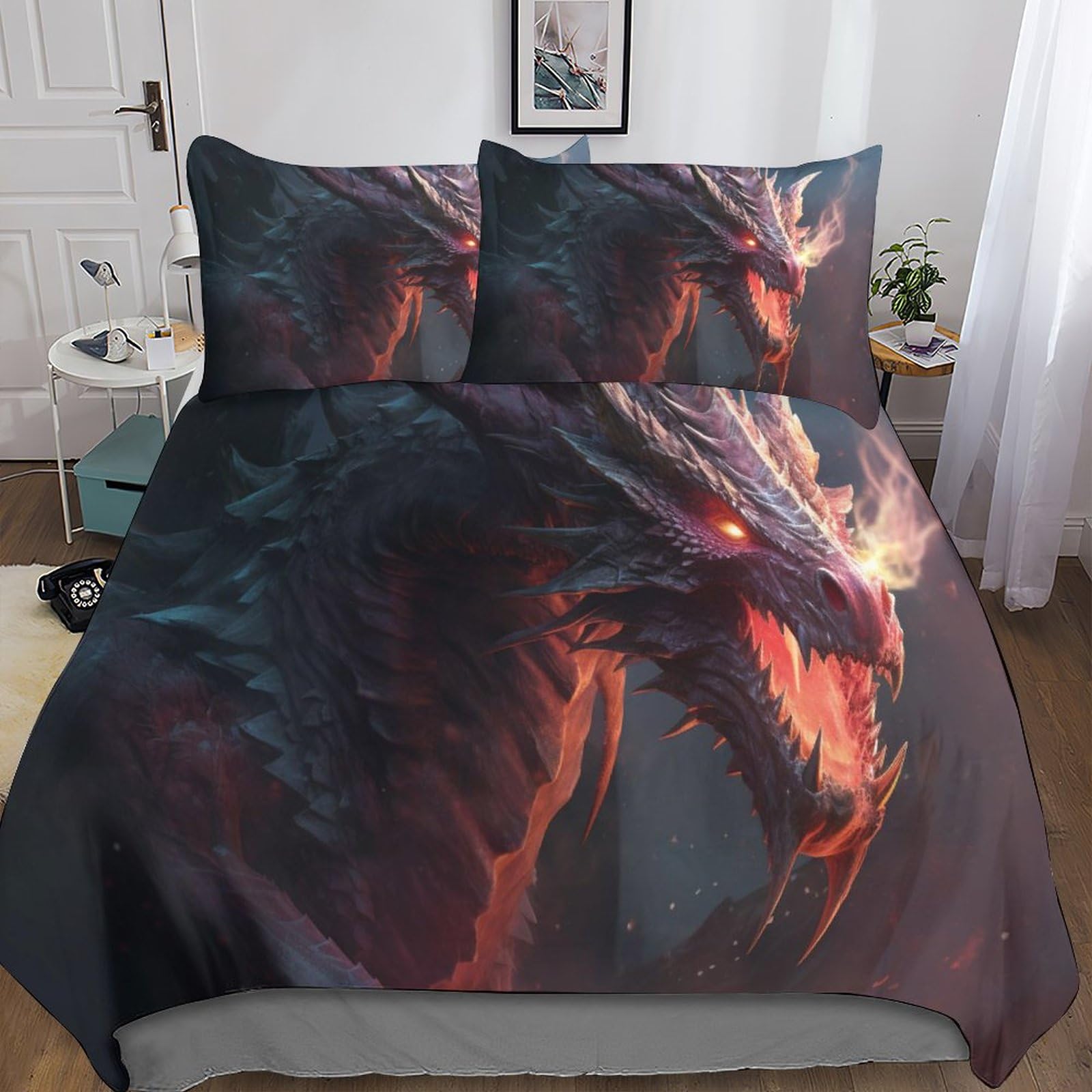 Housse de couette dragon 220x240cm avec taie d'oreiller pour literie enfant et adulte