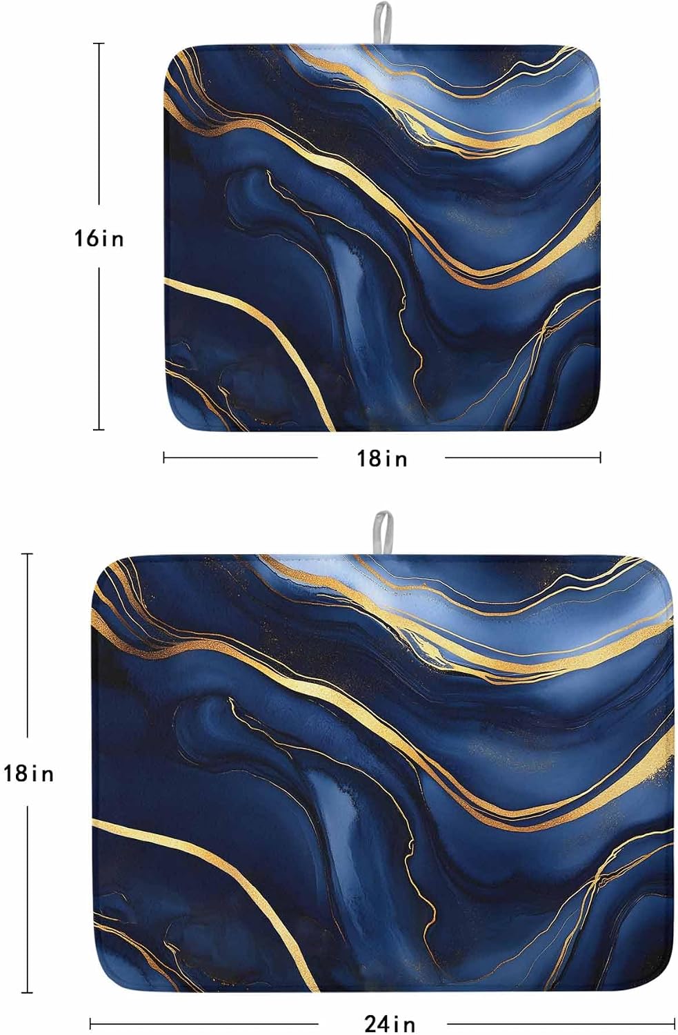 Absorbent Dish Drying Mat for Kitchen Counter,Navy Blue Marble Gold Foil Microfiber Quick Dry Pad Dishes Drainer Rack Mats for Under Sink Utensils 16x18in,2 Pack,Abstract Geometric Minimalist Style
