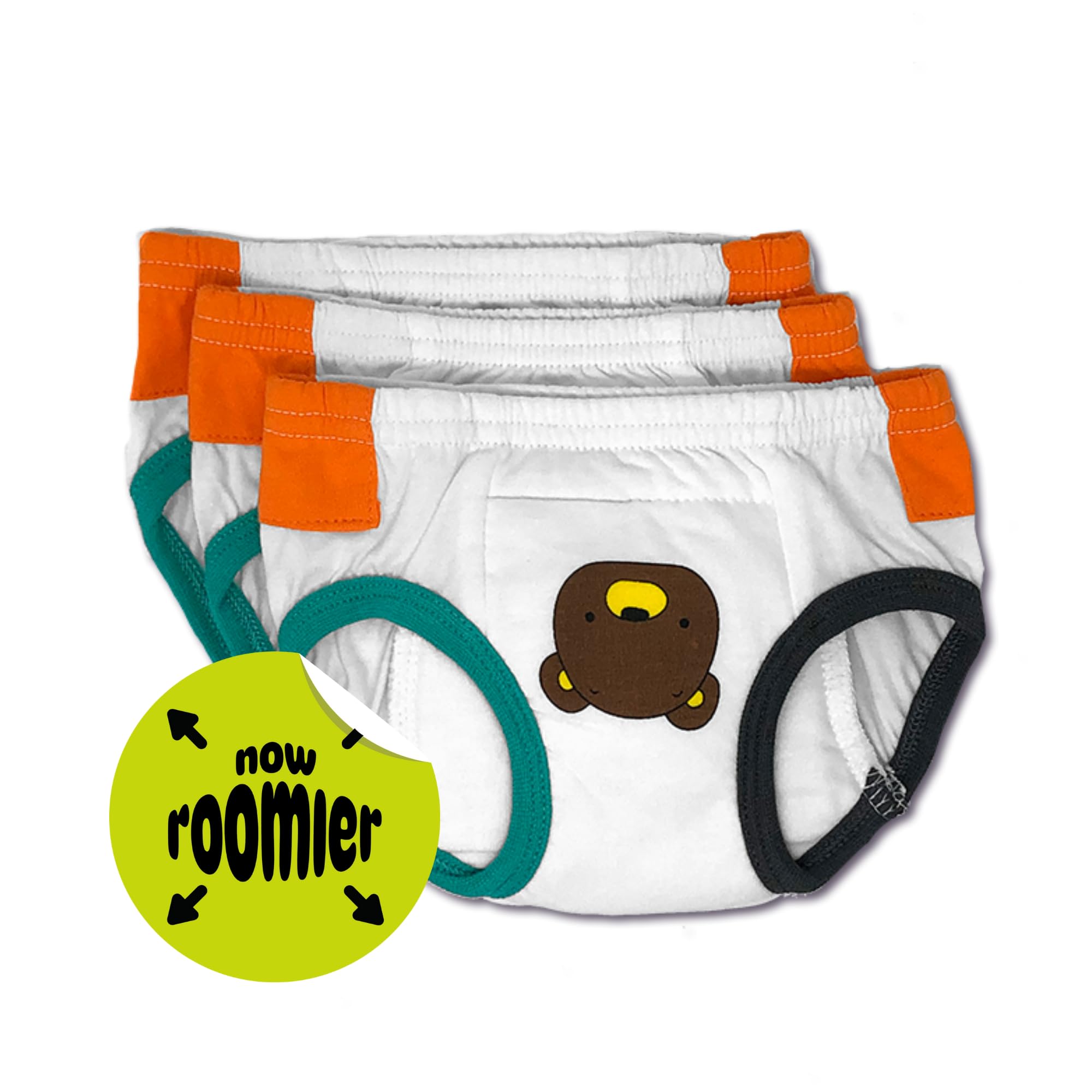 Tiny Trainers ROOMIER Small Cotton Training Pants, Unisex, for Babies and Toddlers, Elimination Communication or Potty Training - 3-pack (4T, Bear/Learn)
