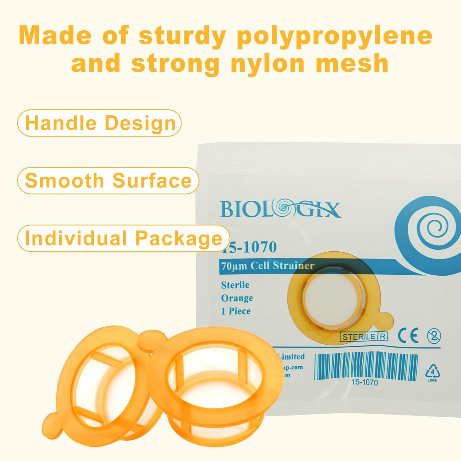 Cell Strainer, 70μm Cell Screen Filter Handle, Nylon Mesh, Orange, Individual Package, Pack of 100
