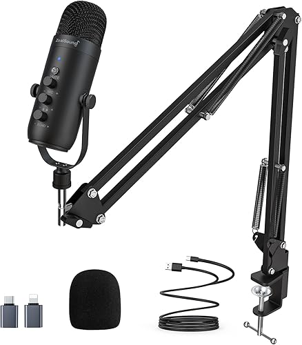 ZeaLSound Micrófono para PC, micrófono condensador de podcast con soporte de brazo de pluma, botón de silencio para transmisión, perilla de ganancia