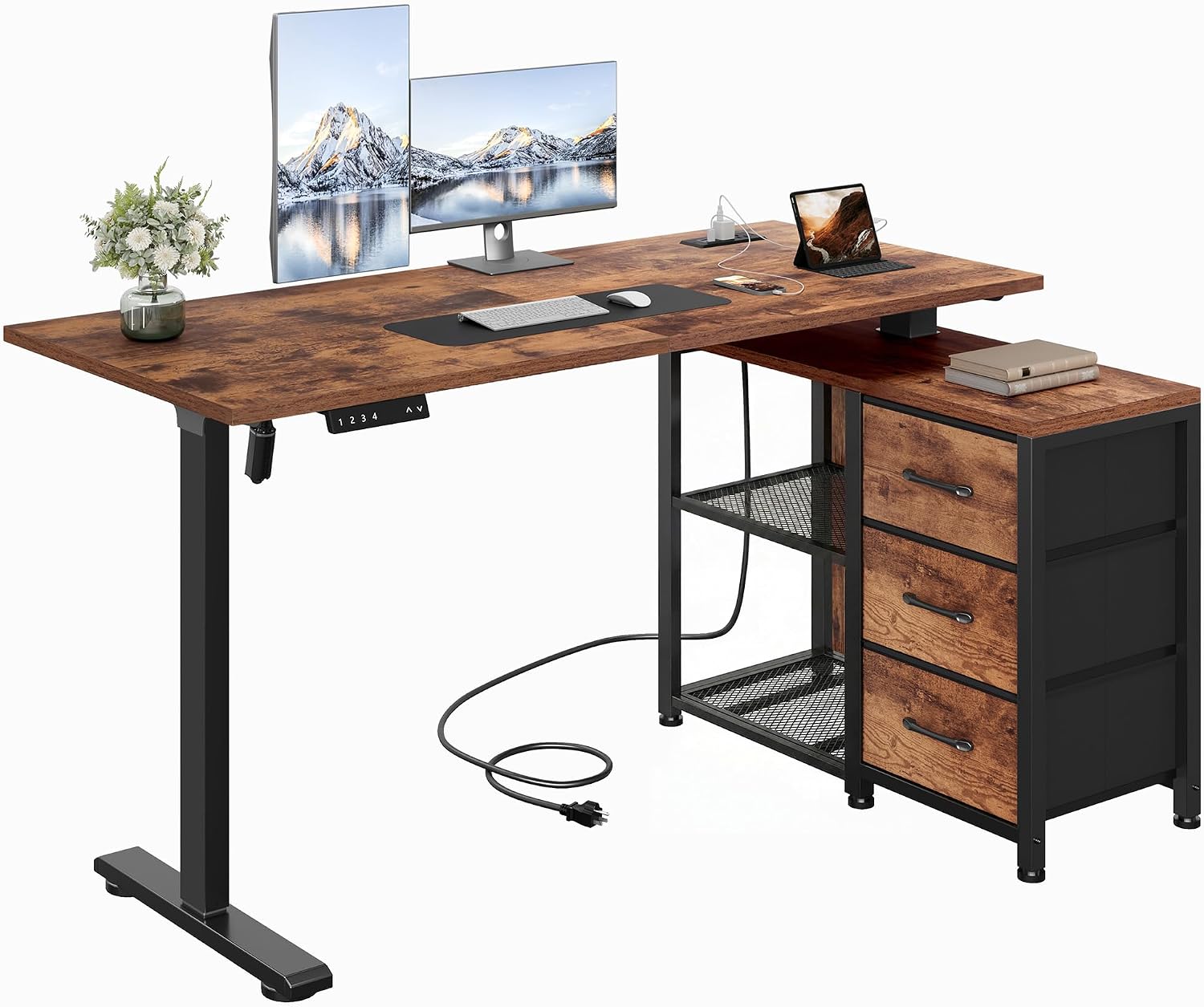 47'' L Shaped Desk with 3 Drawers Electric Standing Desks Rustic