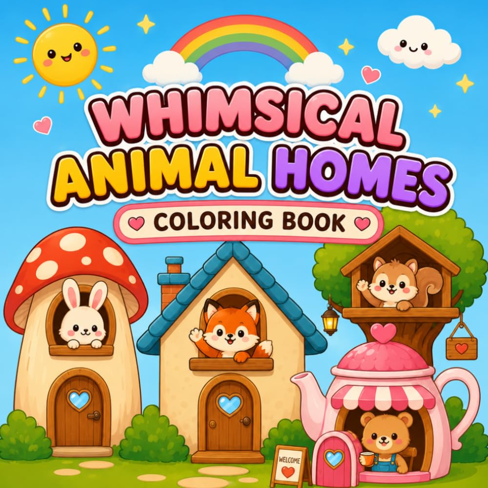 Whimsical Animal Homes Coloring Book: Cute Bunny, Fox, Bear and Hedgehog Houses, Mushroom Cottages, Teapot Homes and Cozy Dollhouse Coloring Pages for Kids