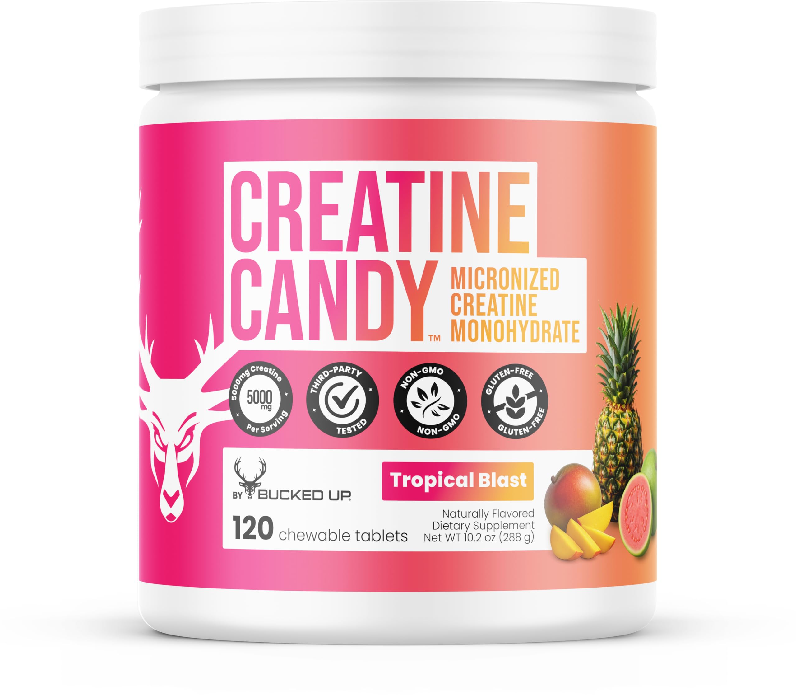 Bucked Up Creatine Candy Tropical Blast | Micronized Creatine Monohydrate | 120 Chewable Tablets, 24 Servings | Fizzy Creatine No Water Needed | Non GMO Gluten Free Third Party Tested