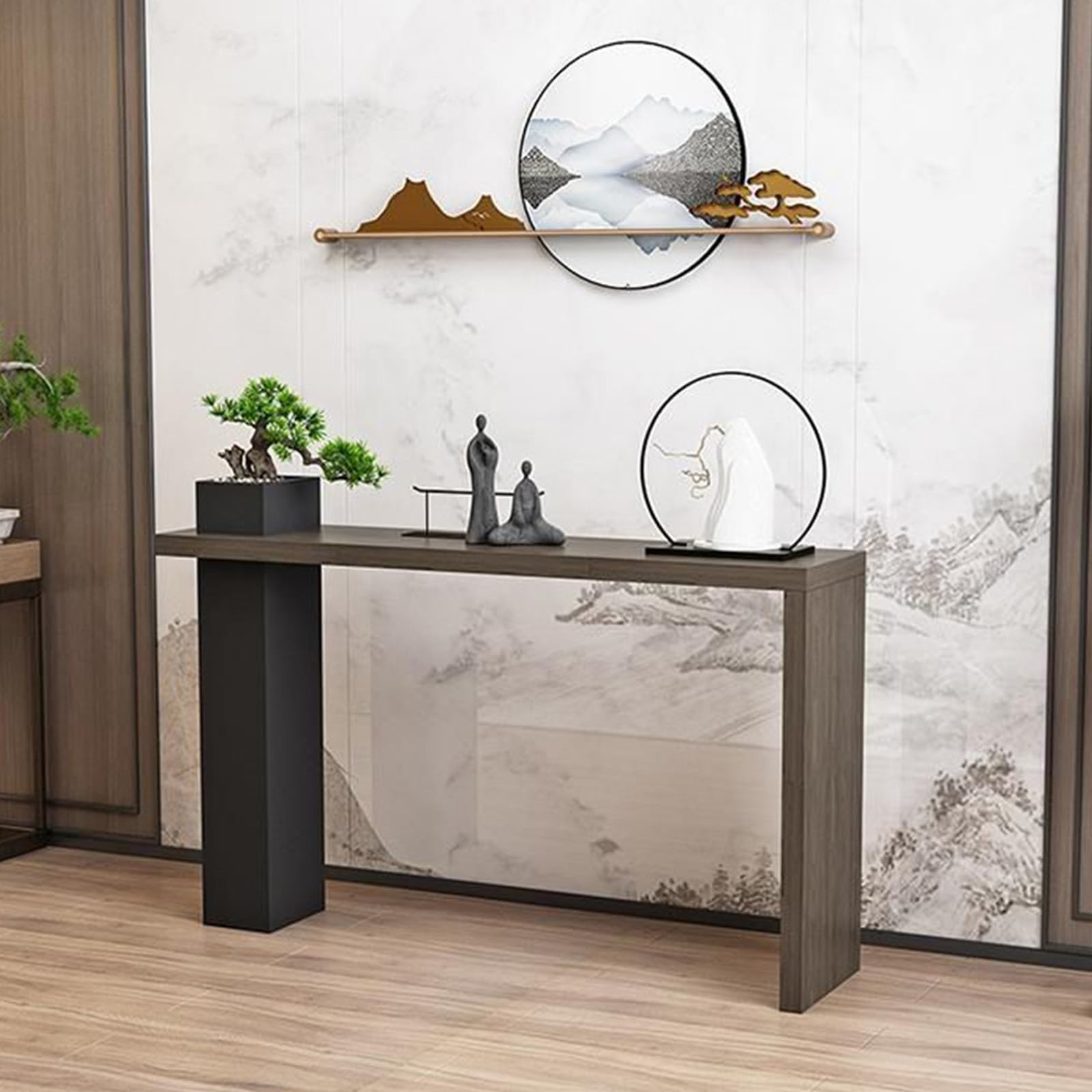 Mesa estrecha de recibidor en madera maciza para una entrada de hotel o salón zen