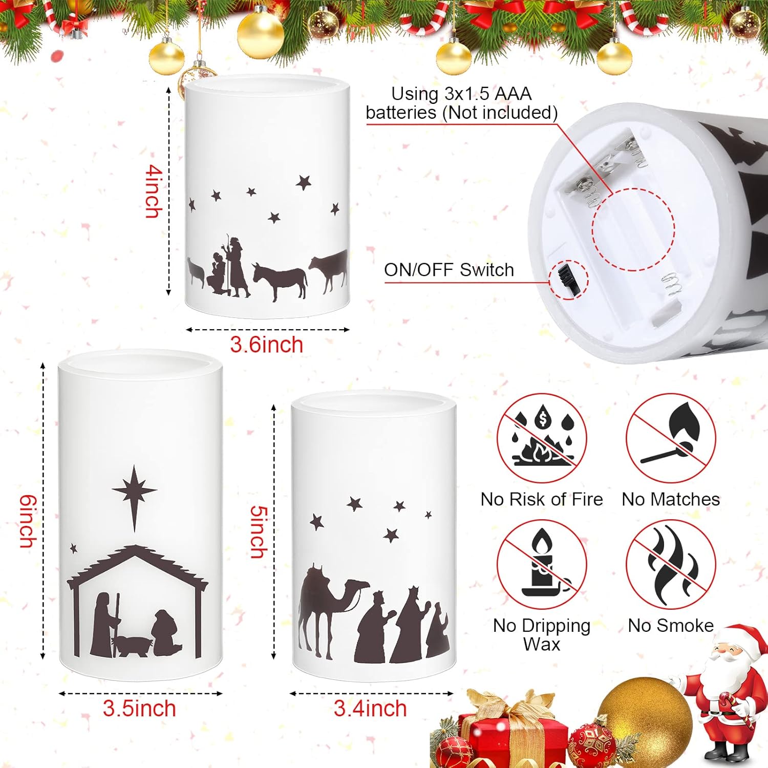 Nuanchu 3 Pcs Nativity Scene Candles Flameless Christmas LED Candles Battery Operated Warm Light for Advent Indoor Outdoor Home Table Decorations Christmas Holiday Decor