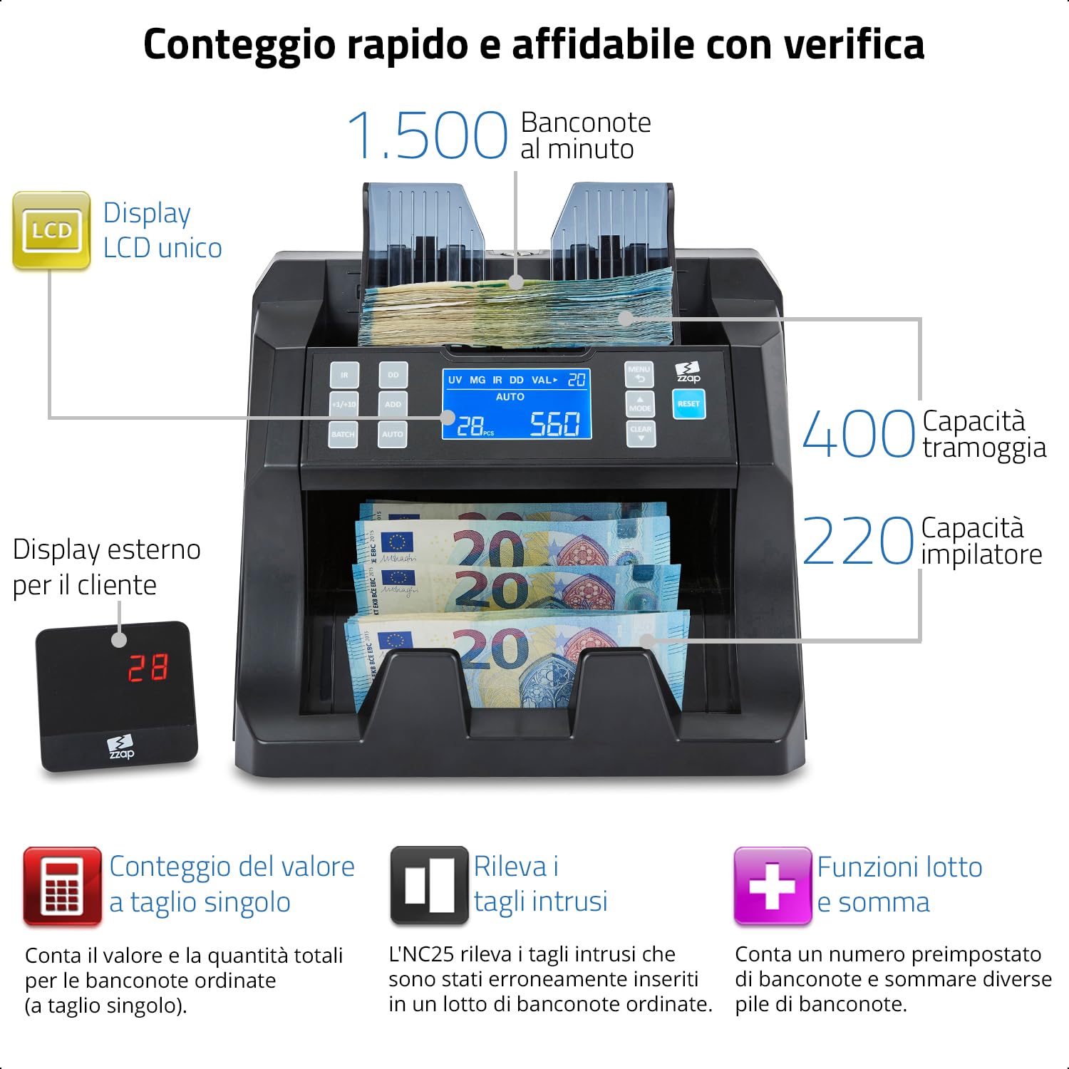 ZZap NC25 Contabanconote e Verificatore di Banconote False - Macchina Conta Contanti