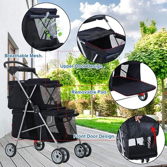 Dog Strollers for Small Medium Dogs Cat Strollers for 2 Cats Double Pet Stroller Doggie Stroller, Foldable Doggy Pet Carriers with 4 Wheels&Soft Pad, Black