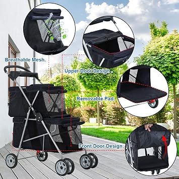 Dog Strollers for Small Medium Dogs Cat Strollers for 2 Cats Double Pet Stroller Doggie Stroller, Foldable Doggy Pet Carriers with 4 Wheels&Soft Pad, Black