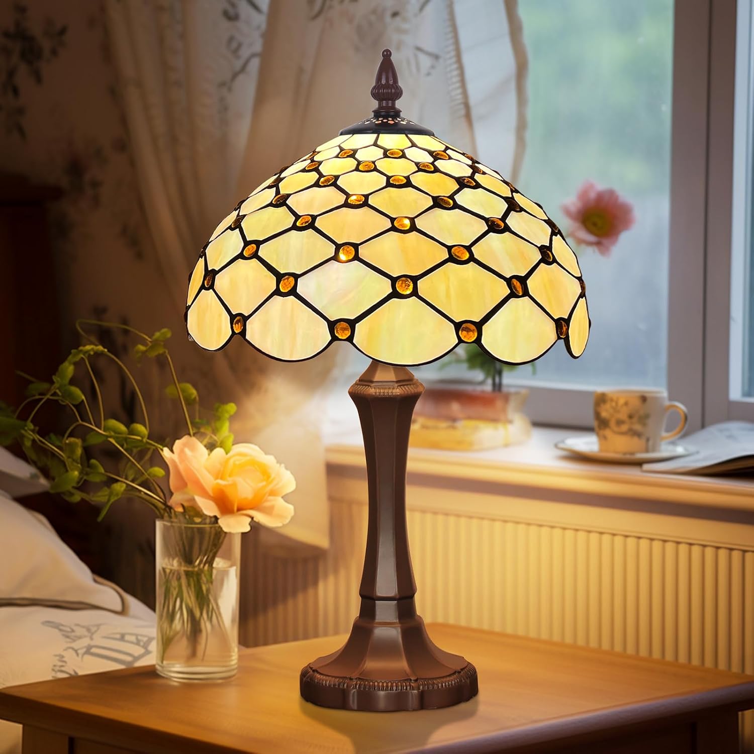Capulina Tiffany Lamp Stained Glass Table Lamp 12x12x19 Inches Amber Beads Color Tiffany Style Desk Reading Lamp Decor for Home Office Bedroom Living Room