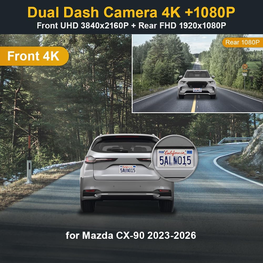 Fitcamx Front 4K+Rear 1080P Dash Cam Adapts for Mazda CX-90 2023-2026 (HD2-6607) Packed with 2 Cables, OEM Look, 2 Way HD Video, WiFi & APP, Loop Recording, Easy to Set, Parking Mode, 128GB Card