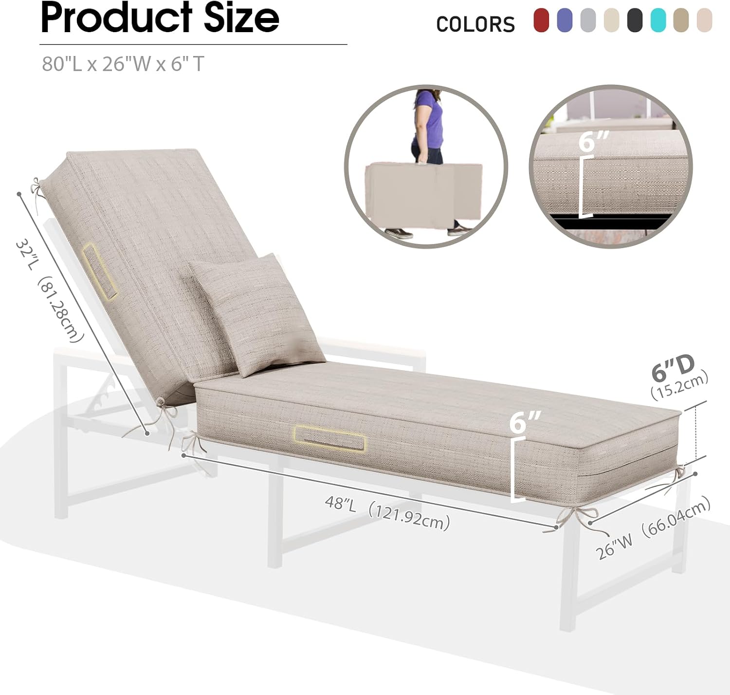 Chaise Lounge Cushions Outdoor, 80 x 26 x 6 Inch Olefin Waterproof and Fade Resistant Patio Furniture Lounge Chair Cushions with Removable Cover, Lounger Pad with Handle and 16 Straps, Light Beige