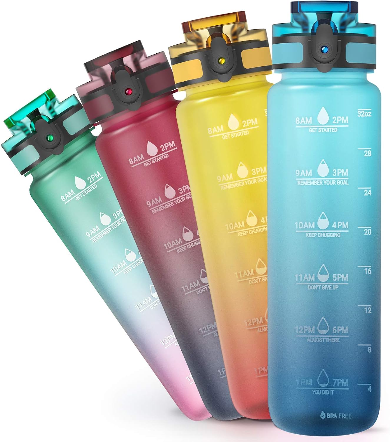 Sahara Sailor Water Bottle, 32oz Motivational Fitness Sports Water Bottle with Time Marker - Times to Drink - Non-Toxic Tritan Plastic, Durable BPA Free, Wide Mouth Leakproof, Fast Flow Technology (111)