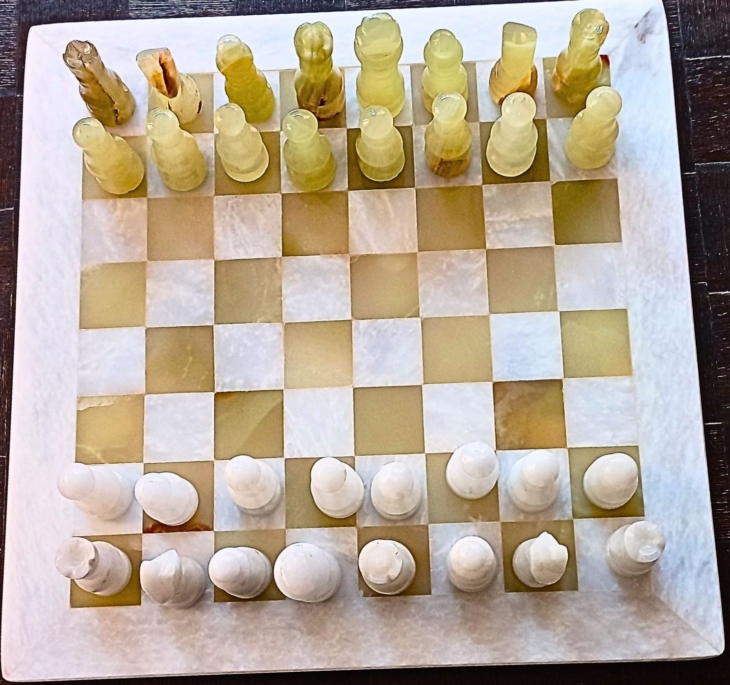 Onyx Chess Board with Onyx Coins with Green Onyx Versus Beige Onyx Curated Collection for Chess Lovers