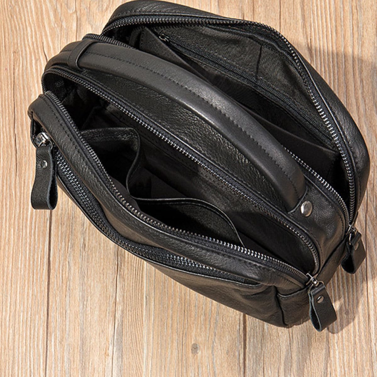 KICHOUSE Men's Black Leather Business Handbag Travel Pouch Large Capacity Sturdy Portable Handbag Practical Use for Travel and Cosmetics Storage