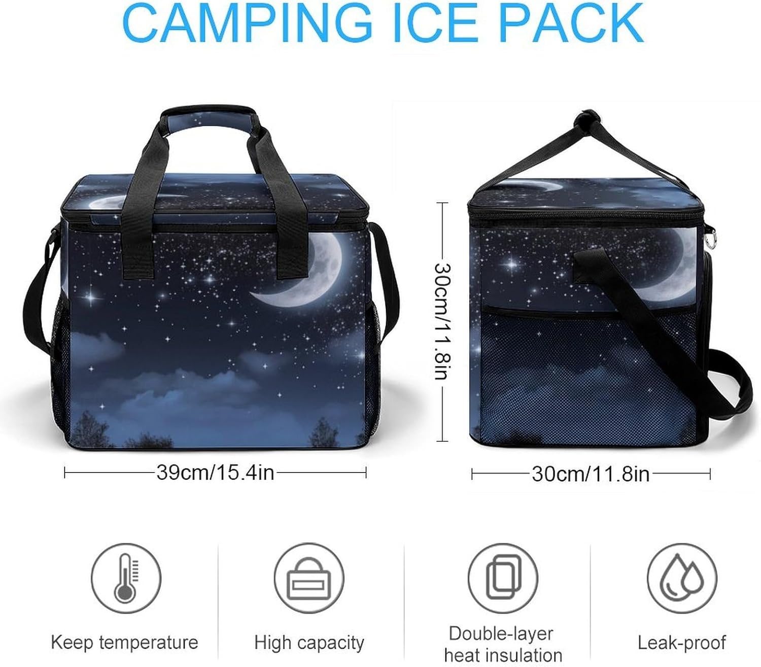 Large Capacity Oxford Cloth Nightsky Hanging Moon Printed Camping Ice Bag, Outdoor Portable Insulation and Cooling Bag, Suitable for Outdoor Camping and Picnics