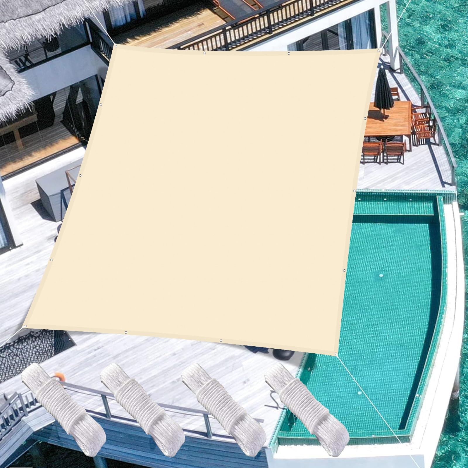 Voile d'ombrage anti-UV en polyester crème 6.5 x 8 m pour bloquer la chaleur du soleil