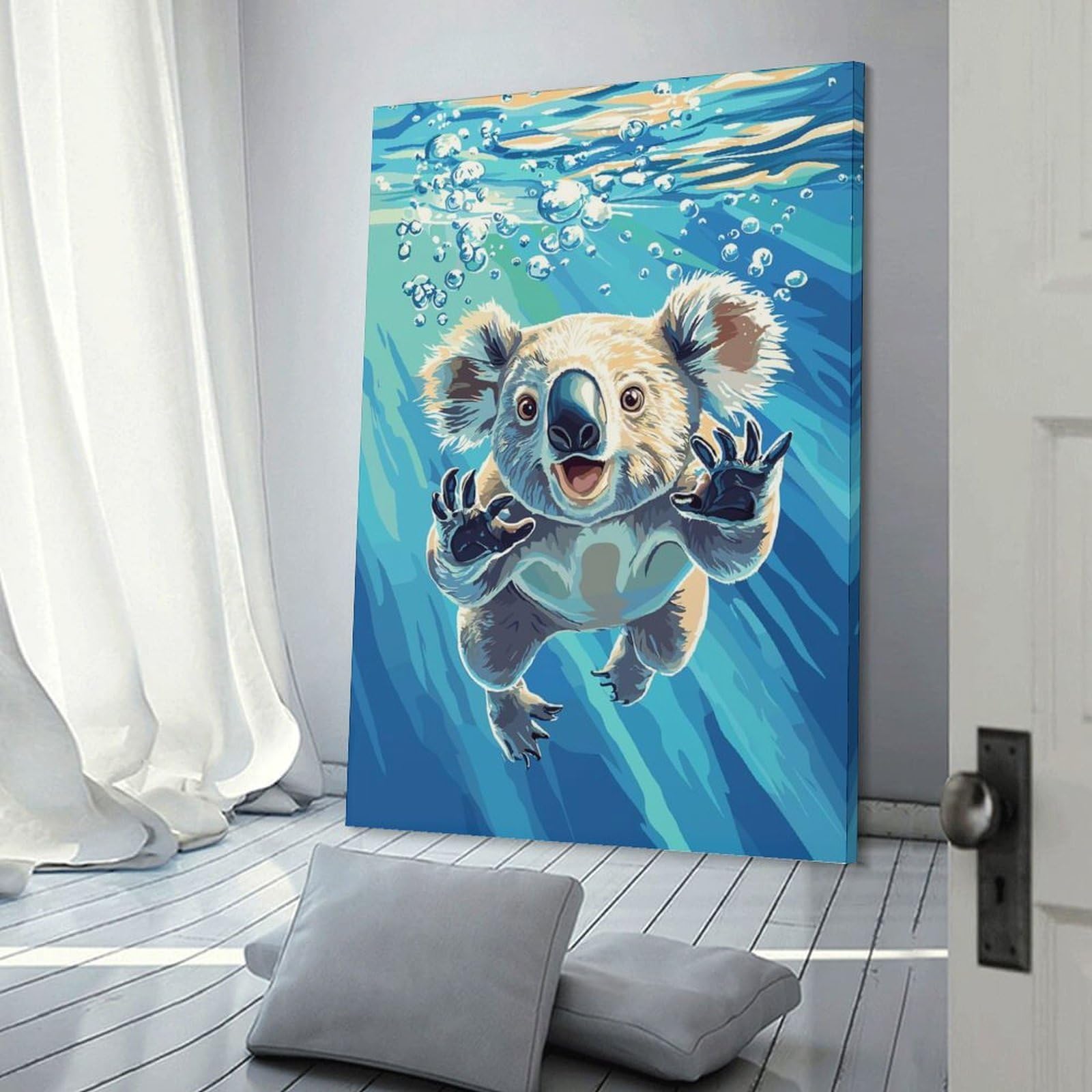 Junmoney Underwater Koala Illustration Home Decor Wall Art, 08x12inch(20x30cm), for Apartment Walls, Studios Or Work Areas, Decorative Canvas Decor for Home Updates