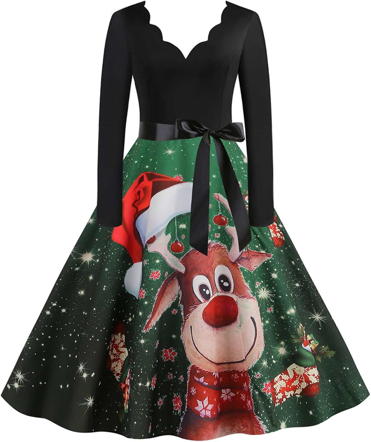 Weihnachtskleid Damen V Ausschnitt- Weihnachten Kleid Damen Langarm ...
