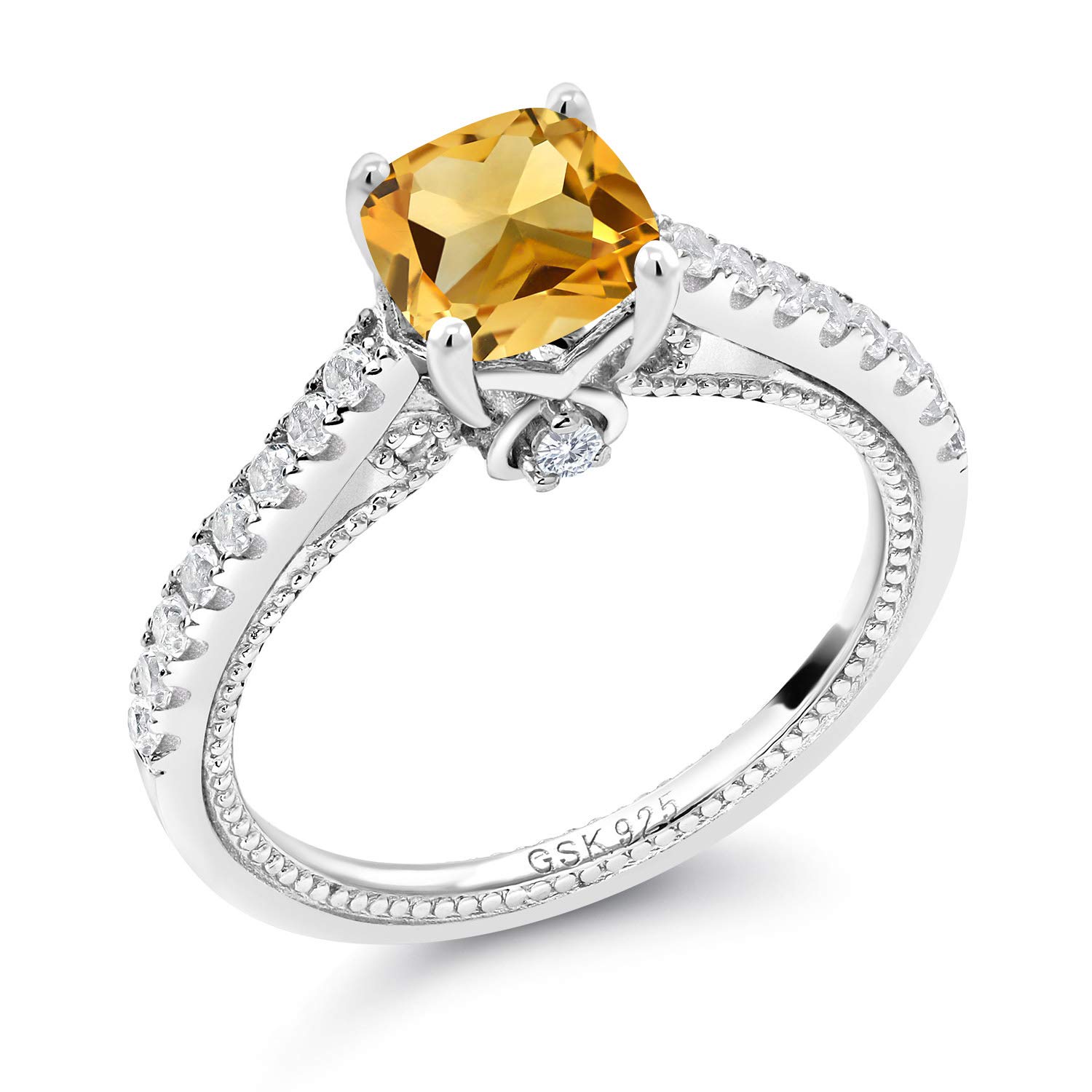 Gem Stone King 925 Sterling Silver Yellow Citrine and White Created Sapphire Engagement Ring For Women (1.20 Cttw, Cushion 6MM, Gemstone Birthstone, Available In Size 5, 6, 7, 8, 9)