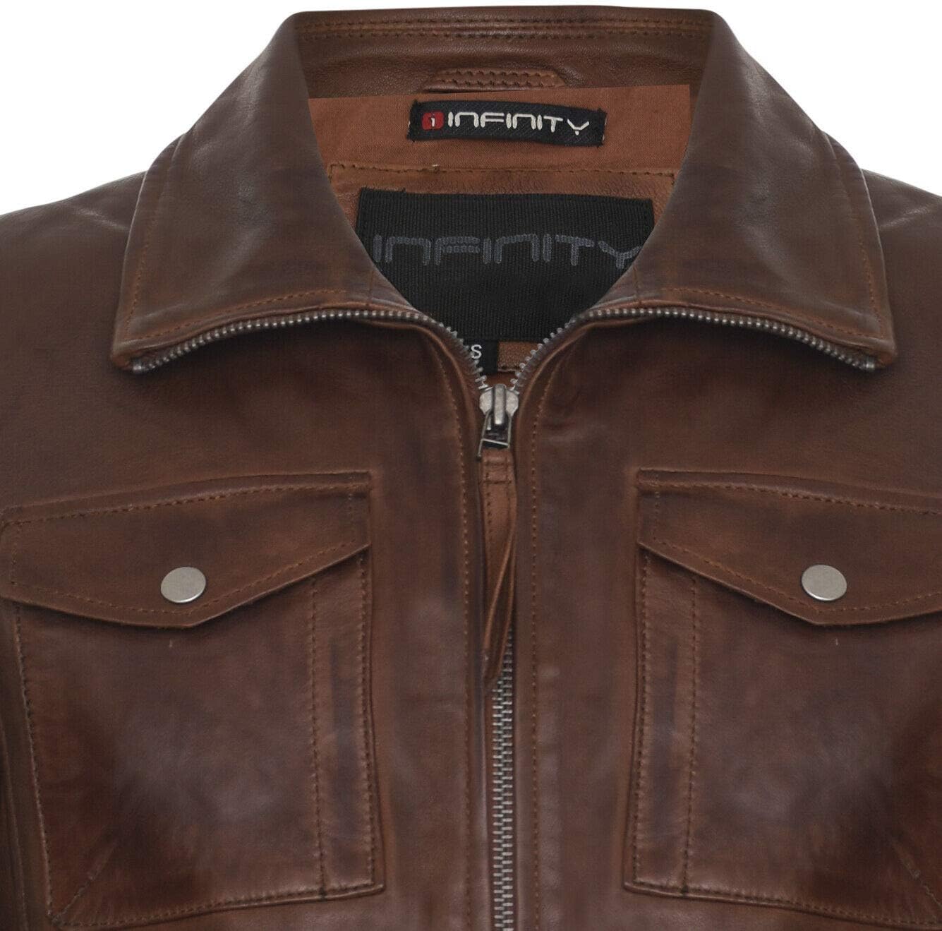Men’s Casual Tan Brown Leather Jacket with Multi-Pocket Trench Overcoat