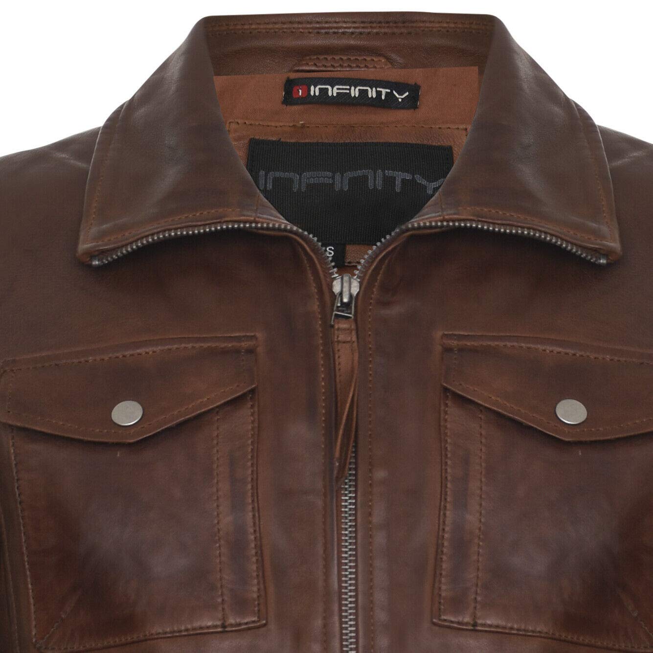 Infinity Leather Abrigo Casual Impermeable para Hombre de Cuero Marrón Claro con Múltiples Bolsillos