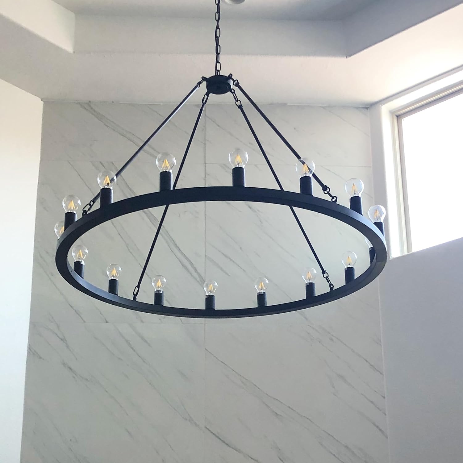 Wellmet Large Black Chandelier 47 Inch, Farmhouse Rustic Industrial Country Chandeliers for Living Room, High Ceiling Round Wagon Wheel Light Fixture for Dining Room, Foyer, Bedroom Chandelier
