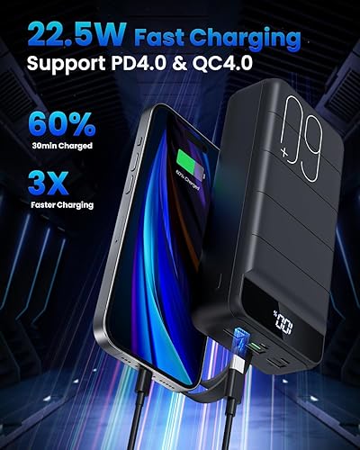 Vista 3 de Cargador portátil de 60000 mAh - Batería de carga rápida de 22.5 W USB C con 4 salidas y 3 entradas pantalla LED, gran capacidad cargador externo