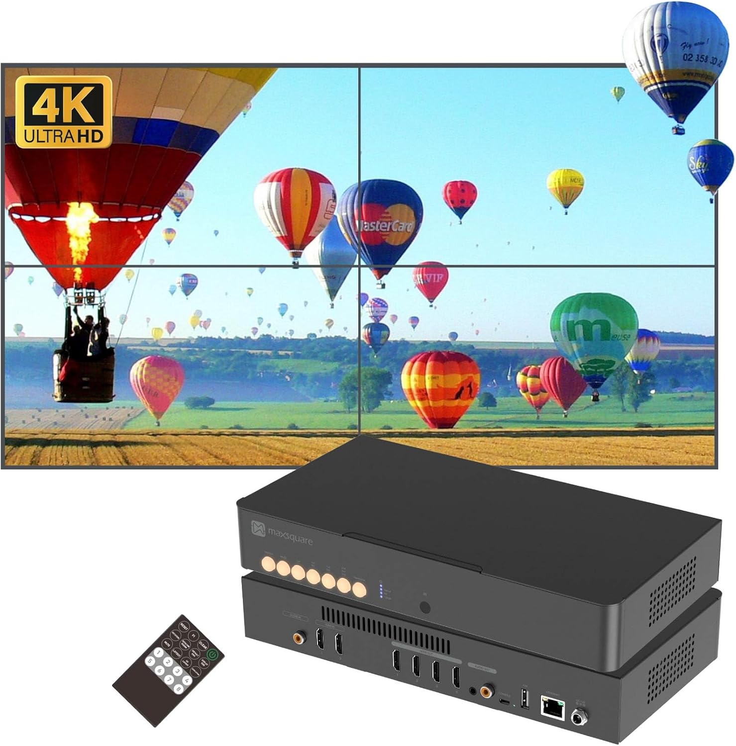 4K60 Video Wall Controller 2x2 3840x2160@60Hz 2 Inputs, 2x2 1x2 2x1 1x3 3x1 1x4 4x1 90°/180° Rotate, Bezel Correction, Cascading, Multi TV Display System for Digital Signage Control Room TAA Compliant