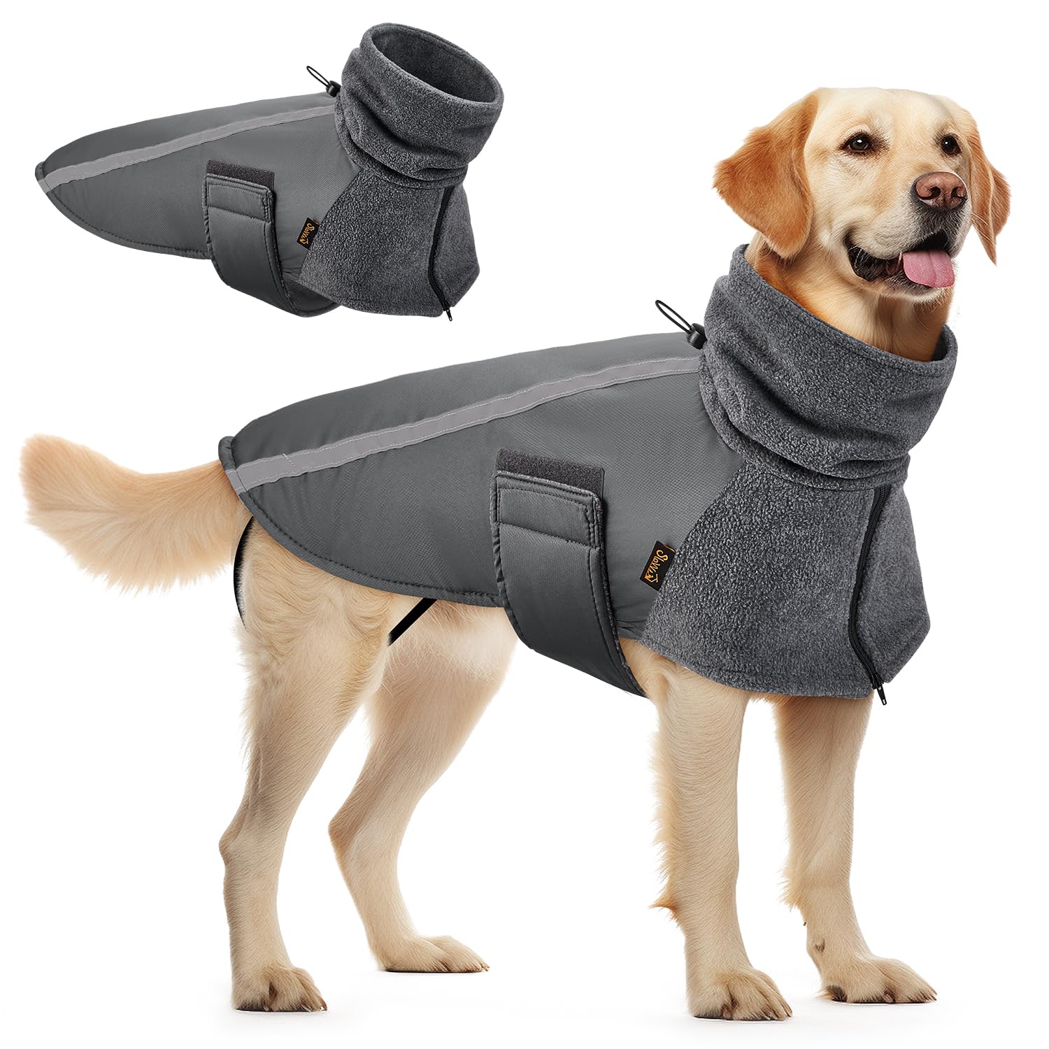 SlowTon Abrigo para Perro Invierno, Cálido Forro Polar para Exteriores con Bufanda De Cuello Alto, Rayas Reflectantes, Chaleco Resistente Al Viento, Juegos Suaves para Mascotas