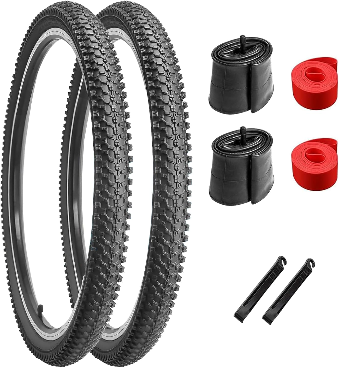 2-Pack 26x1.95/24x1.95/20x2.125 Inch Mountain Bike Tires, Off-Road Bicycle Replacement Folding MTB Tires Set, Schrader Valve Bike Tubes, Bicycle Tire Levers and Tire Liners