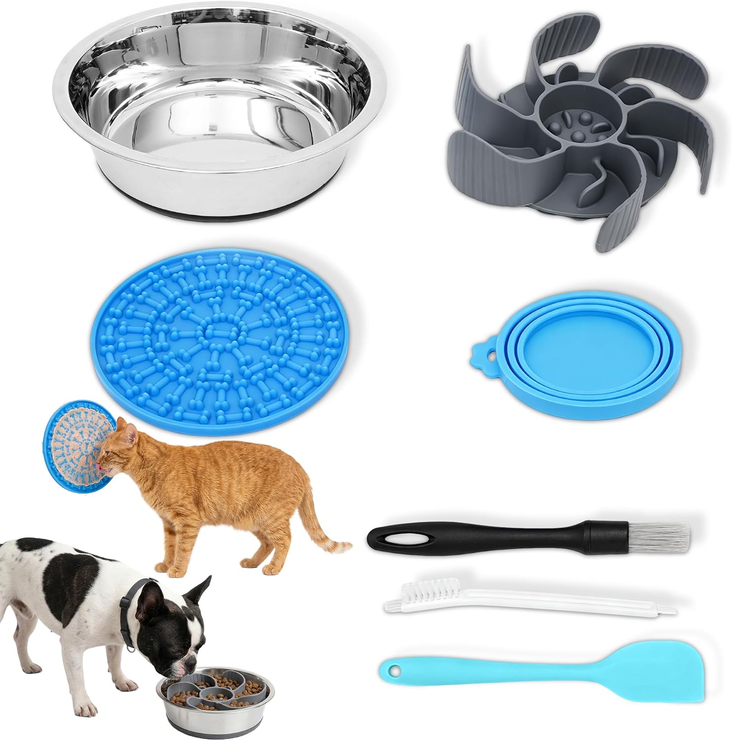 Nonslip Stainless Bowl Slow Feeder Kit for Small Dogs & Cats, Anti Gulping | 7Pcs Set: Slow Feeder [Octopus Suction], Lick Mat, Lid, Spatula, Brush. Stops Bloating, Vomiting, Sliding, Keeps Fresh.