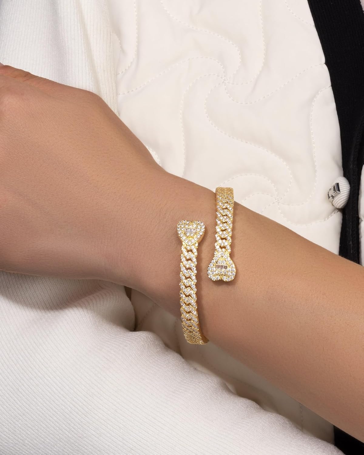 Lulu Mel Iced Heart Bracelet Baguette Bracelet Jewelry Bangle Bracelet for Women, Hip Hop Mens 14k Gold Silver Plated Cubic Zirconia Bangle Bracelet, Women Heart Cuff Bracelet With Jewelry Box - Image 2