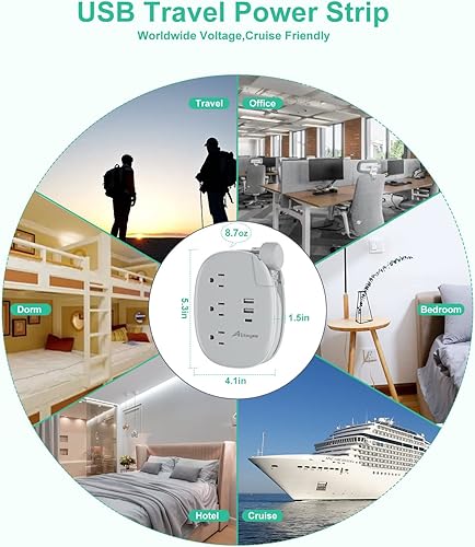 Vista 7 de Alitayee Regleta de alimentación de viaje portátil USB C con 3 tomas, 3 puertos USB, carga rápida, extensor de salida USB extensible con enchufe
