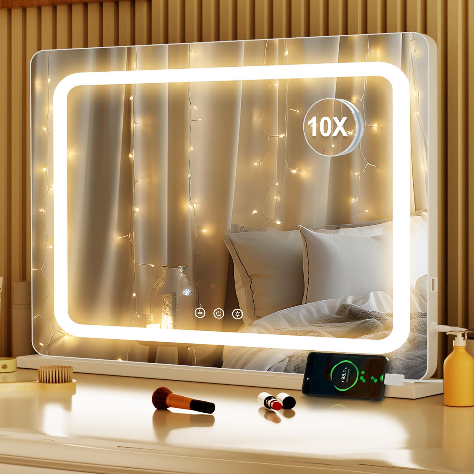 Hollywood Vanity Mirror with Lights, Large Makeup Mirror with Adjustable Lighting, 3 Lighting Modes, 80x55cm Touch Control Cosmetic Mirror for Bedroom, Dressing Room - White