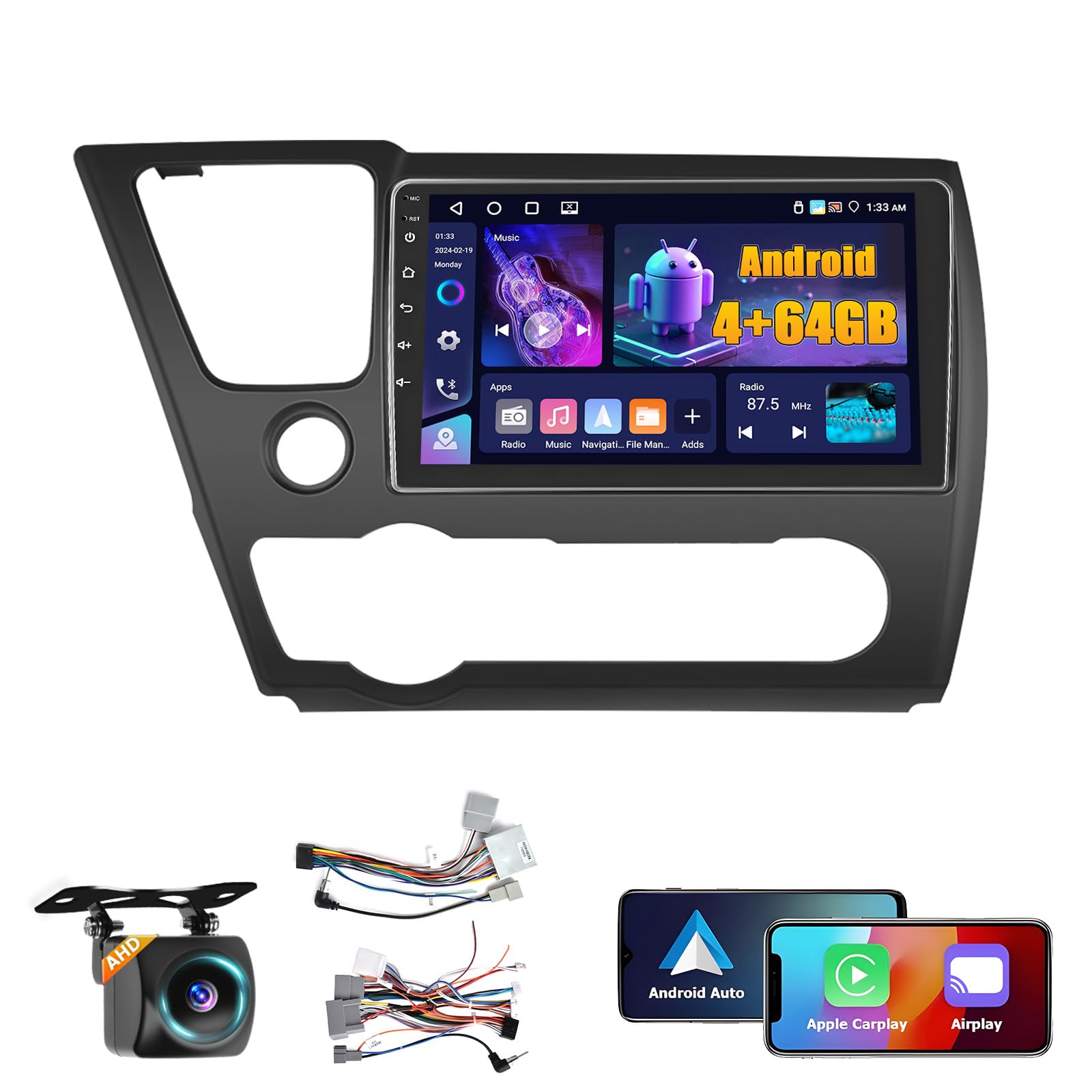 Fuluku 4+64GB Android 15 Car Stereo for Honda Civic 2013-2017 Wireless Carplay Android Auto 9" Touch Screen Car Radio Dash Kit with GPS WiFi Bluetooth